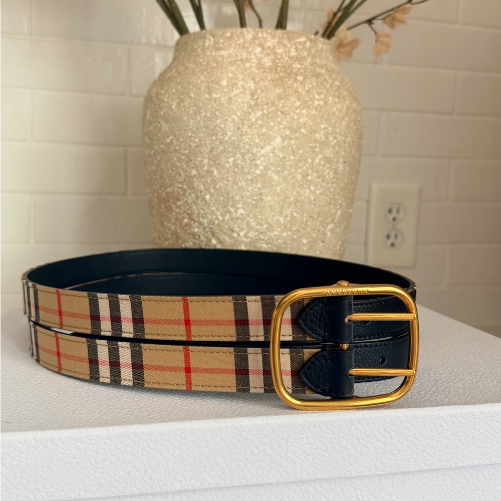 Burberry Beige Check Belt with Black Trim and Gold Buckle